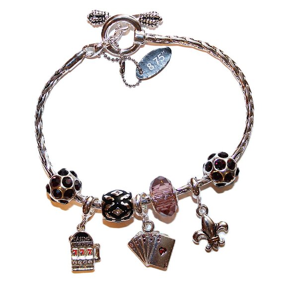 DaVinci Charm Bracelet 8.75" 7 Beads - Casino Cards Poker Gambling Garnet Red CZ - Picture 2 of 6